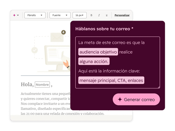 Interfaz de HubSpot con un usuario dando instrucciones al asistente de IA de HubSpot para generar un correo. El asistente de IA pide al usuario que especifique la audiencia objetivo del correo, la meta, el mensaje principal, la CTA y los enlaces.