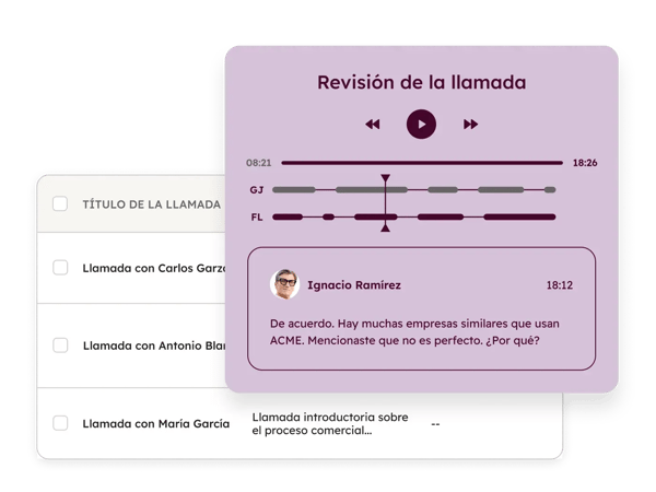 La interfaz de HubSpot muestra las grabaciones de llamadas registradas automáticamente en el Smart CRM de HubSpot