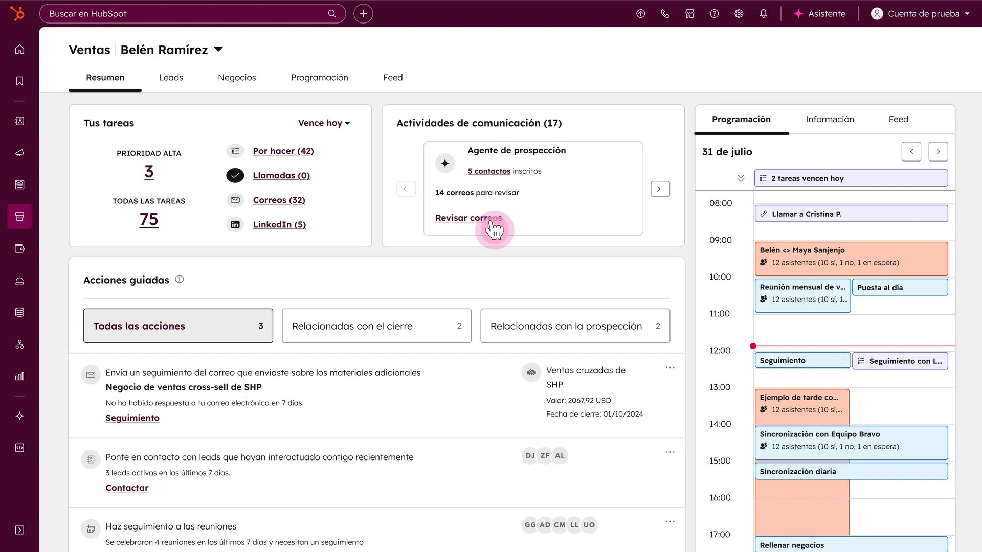 Interfaz del espacio de actividades de ventas que incluye contactos de ventas, tareas, actividades de divulgación, acciones guiadas y cronogramas.