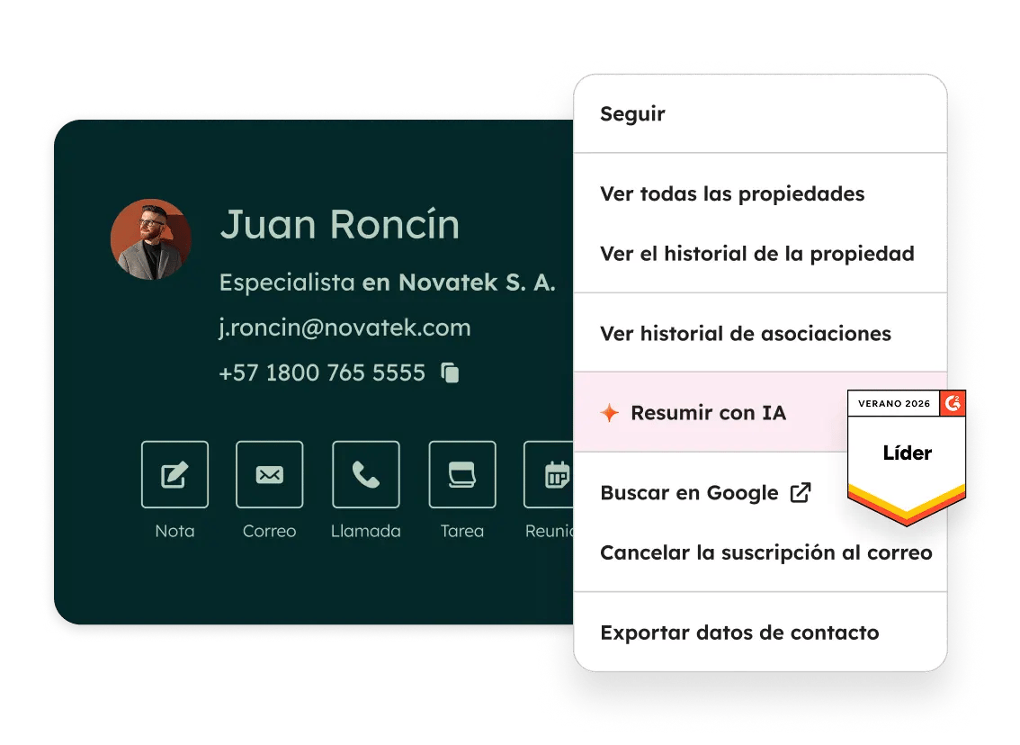 Una tarjeta de registro de contacto en HubSpot que muestra la información del contacto y varias acciones que se pueden realizar, como llamar, enviar correos electrónicos, tomar notas, ver el historial de propiedades y resumir con IA. También muestra que el CRM de HubSpot ha ganado un premio de G2 como líder en el cuadrante para empresas