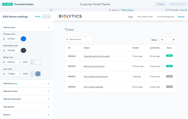 Imagen del editor de temas del portal del cliente