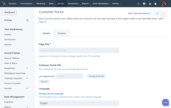 Imagen de la configuración general del portal del cliente