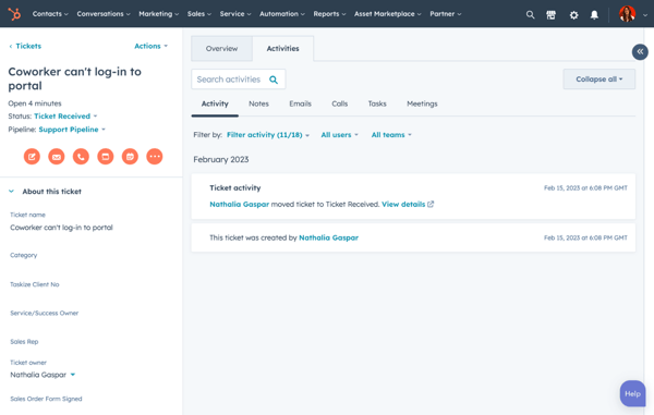 Imagen de un ticket en la aplicación de HubSpot