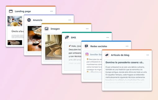 Diferentes tipos de contenido generados con la herramienta de reutilización de contenido de HubSpot, entre los que están una landing page, un anuncio, una imagen, un SMS, un post en redes sociales y un post en un blog.