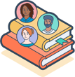 ilustración de libros y caras de personas