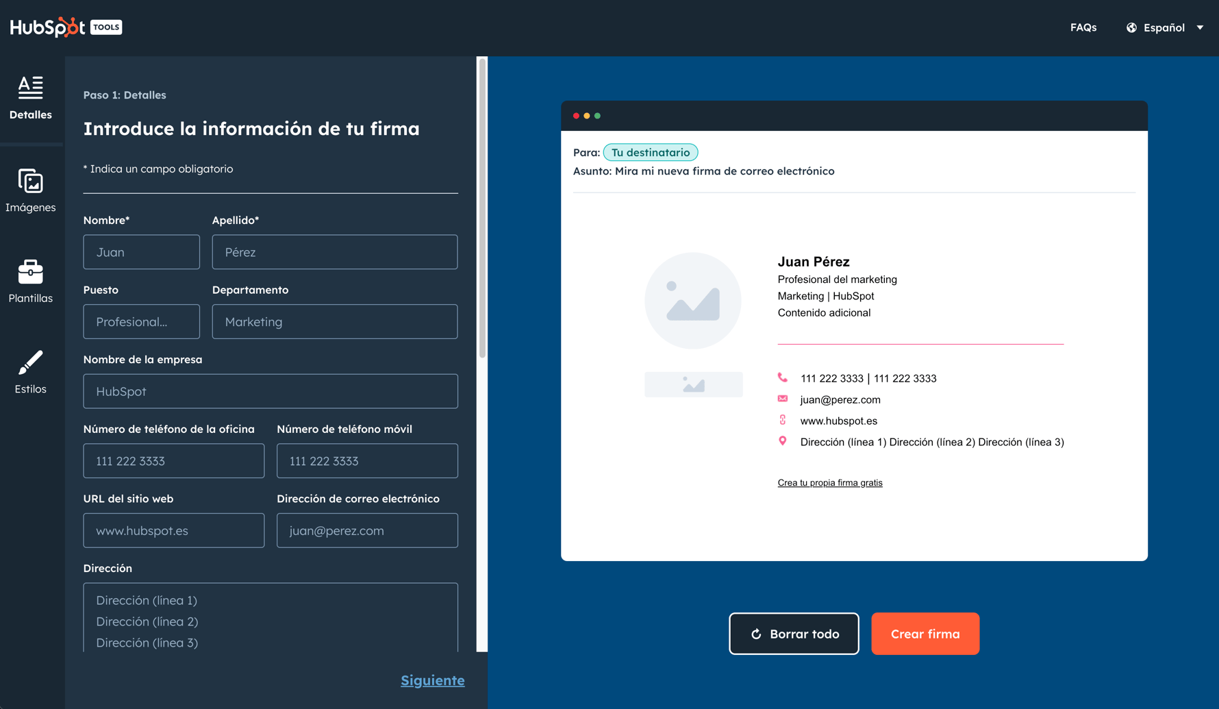 Creador de firmas de correo electrónico: introducir información de firma