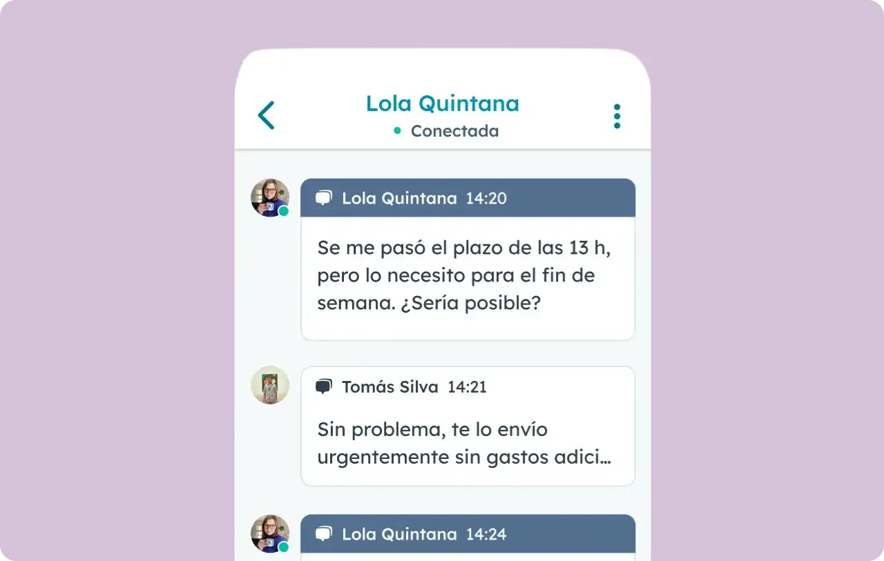 Imagen de la aplicación de CRM móvil de HubSpot donde se muestra el chat con una clienta.