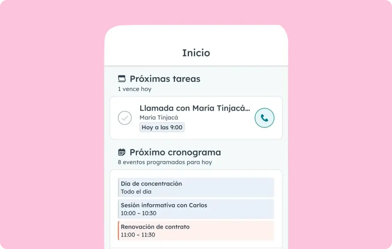 Captura de la aplicación de CRM móvil de HubSpot que muestra las próximas tareas y reuniones.