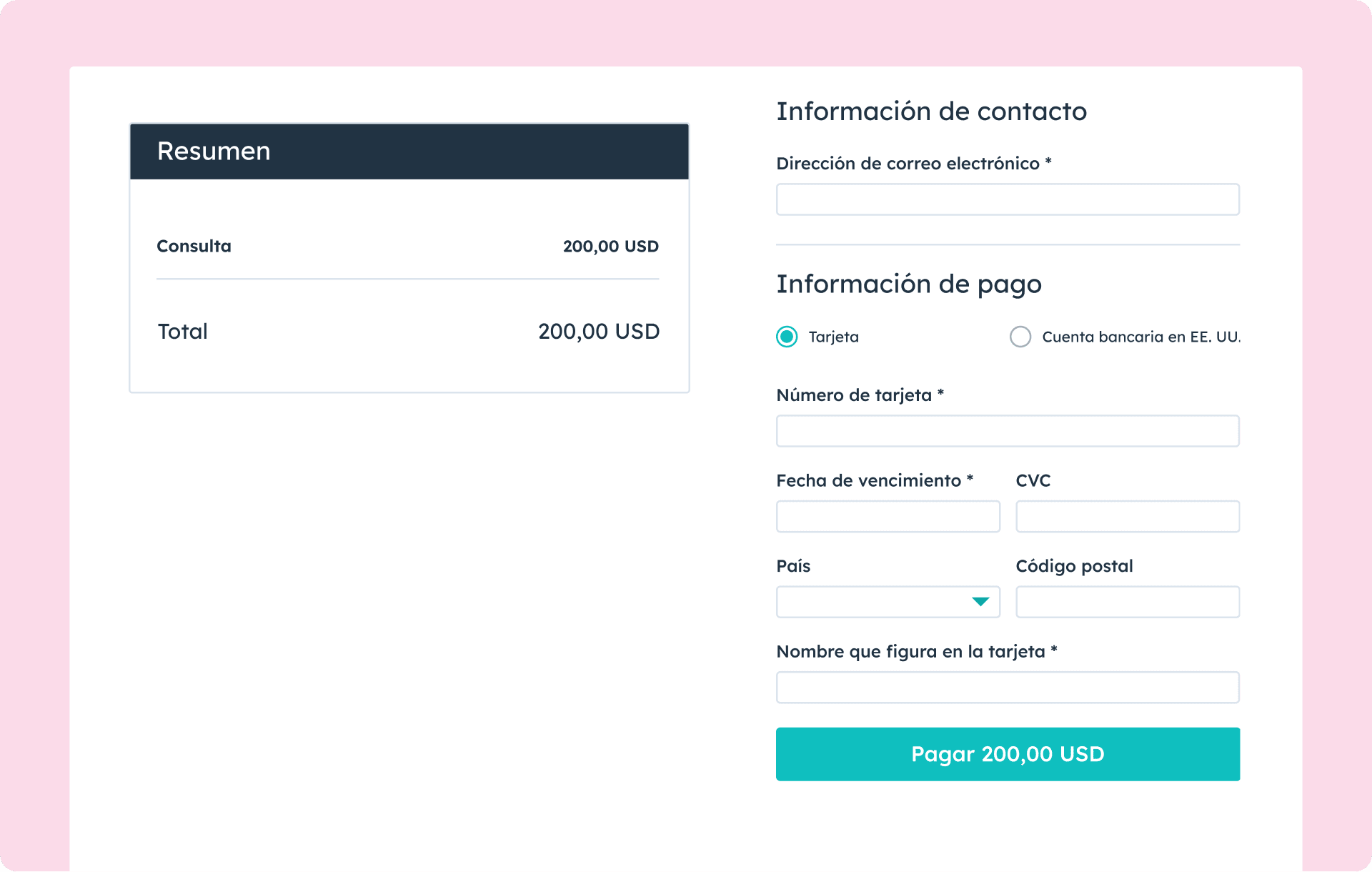Página de pago en la herramienta de pagos de HubSpot.