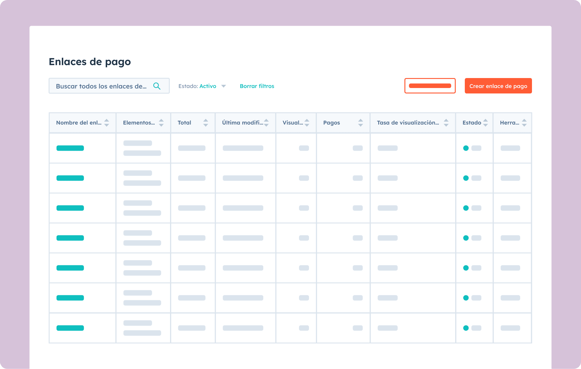 Lista de enlaces de pago en la herramienta de pagos de HubSpot. 