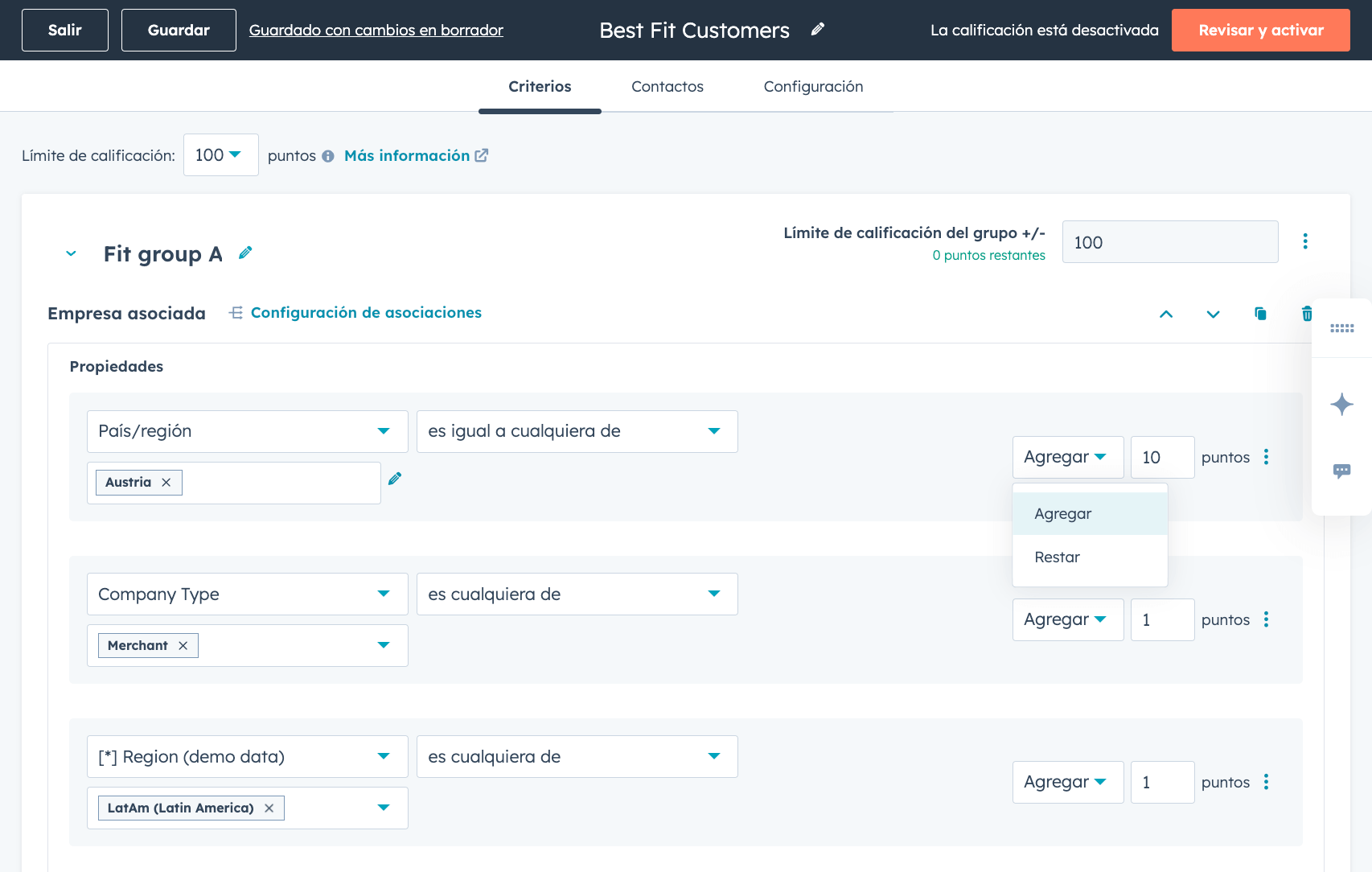 Selección de criterio de calificación de leads en Hubspot