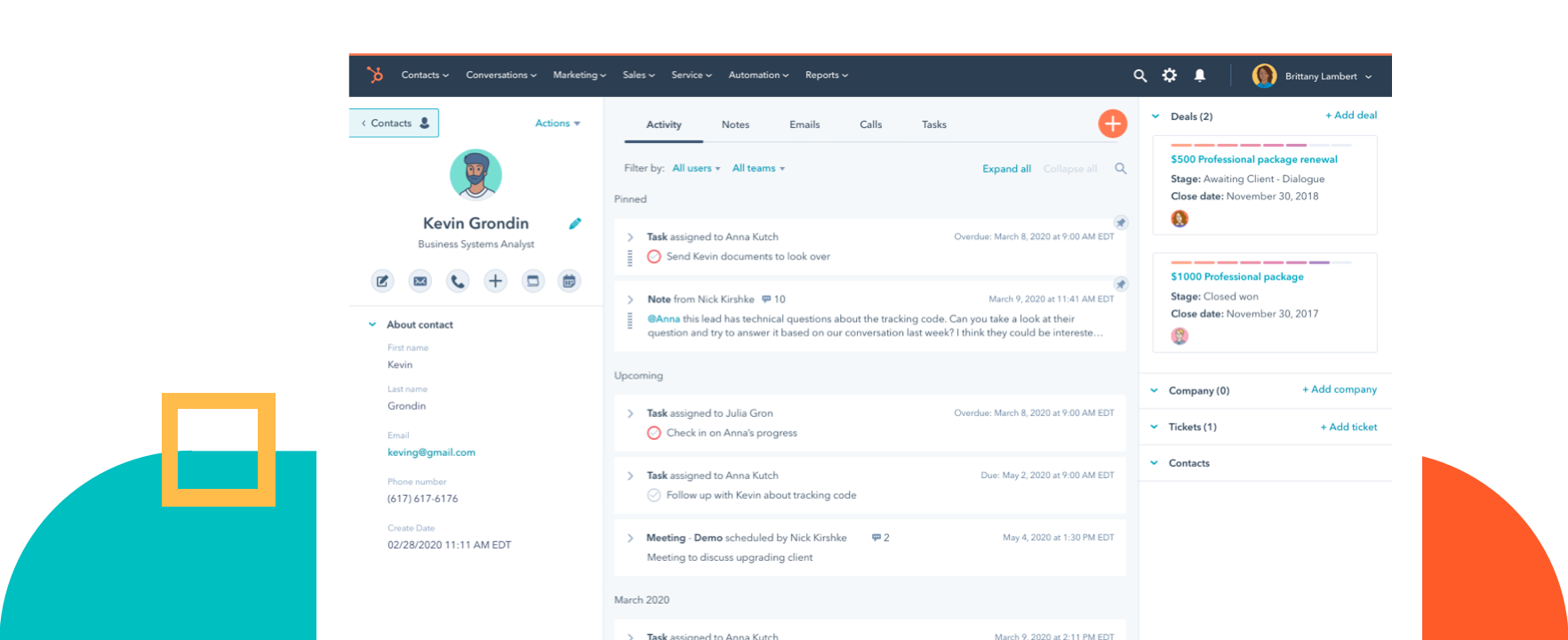Captura de pantalla de un producto de HubSpot con un ejemplo de un registro de contacto