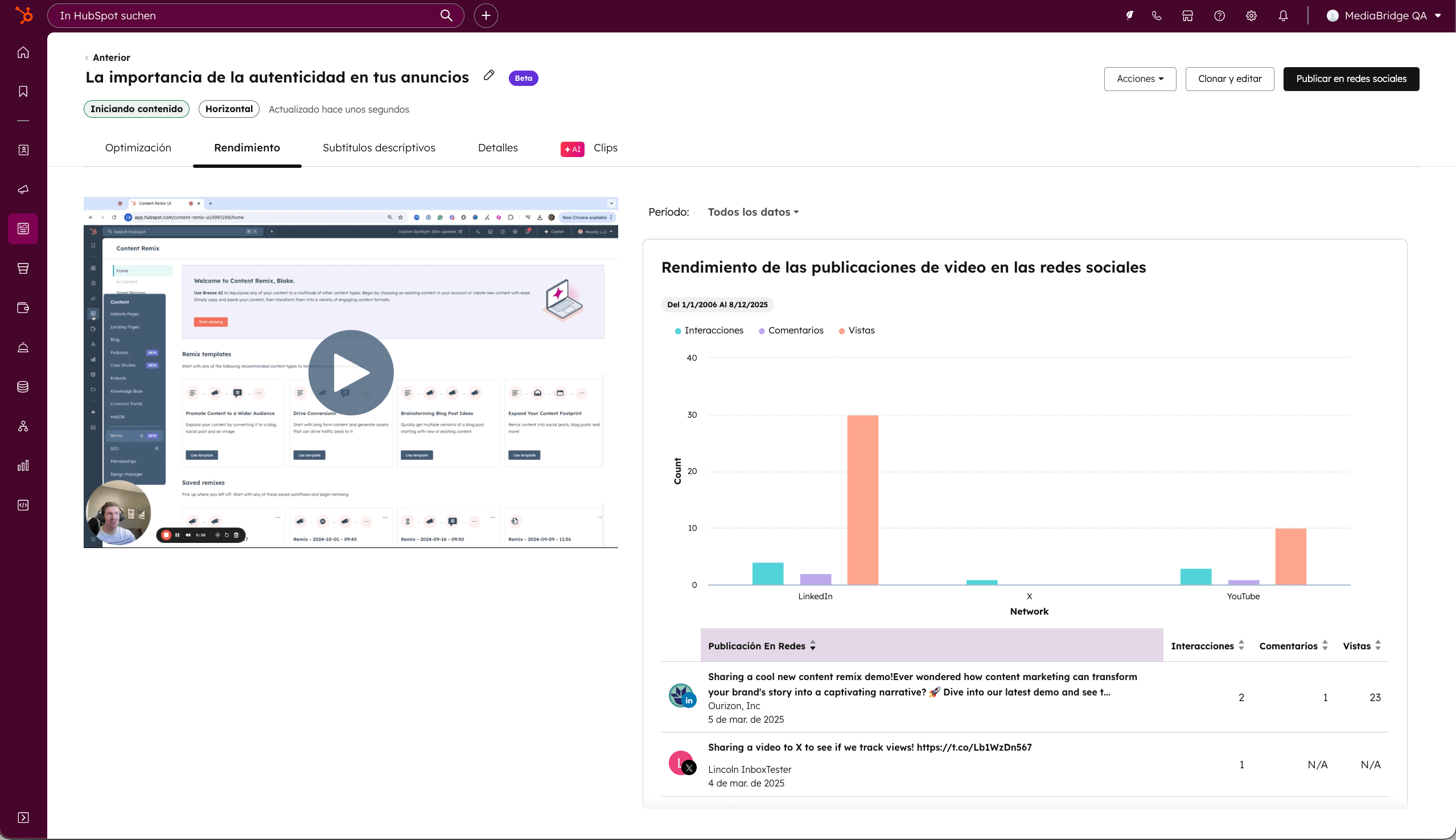 Imagen del dashboard de métricas de video