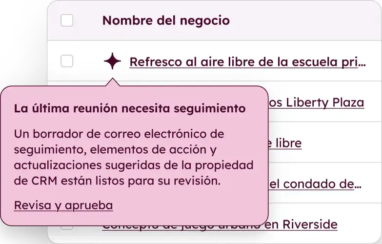 Las sugerencias se basan en transcripciones, correos electrónicos, notas y el historial completo del negocio.