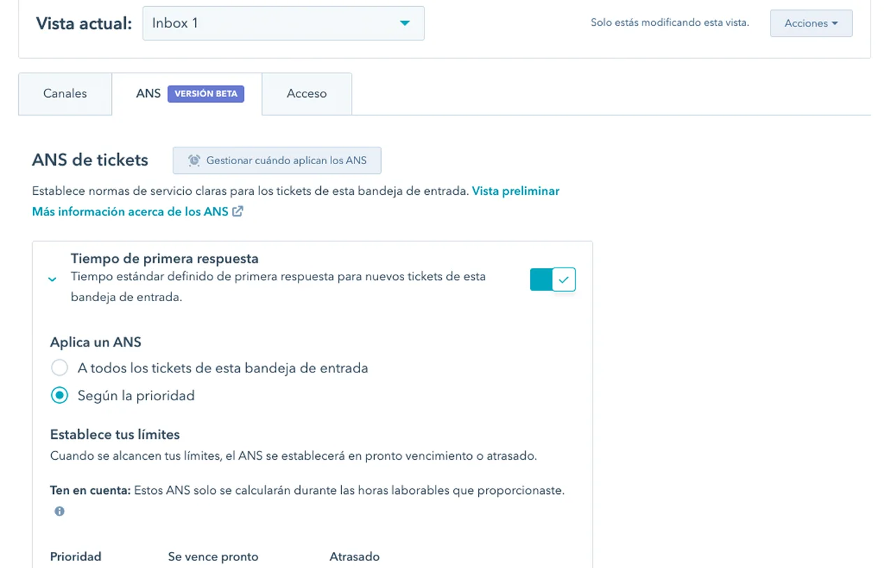 Configuración de los ANS en Service Hub.