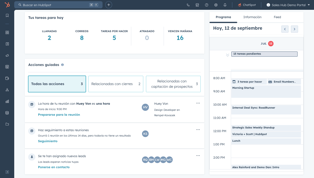 La nueva función de acciones guiadas de Sales Hub ayuda a los representantes a saber qué hacer a continuación, mostrando las llamadas, los correos y las tareas pendientes del día.