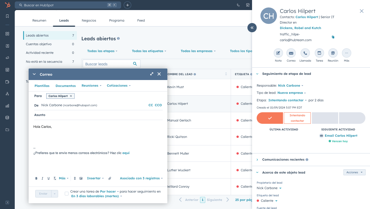 La nueva herramienta de ventas guiadas de Sales Hub hace que el seguimiento de los leads sea eficiente, con plantillas de correo electrónico, documentos, reuniones y cotizaciones integradas. Seguimiento de la etapa del lead, comunicaciones recientes e información sobre ese lead.