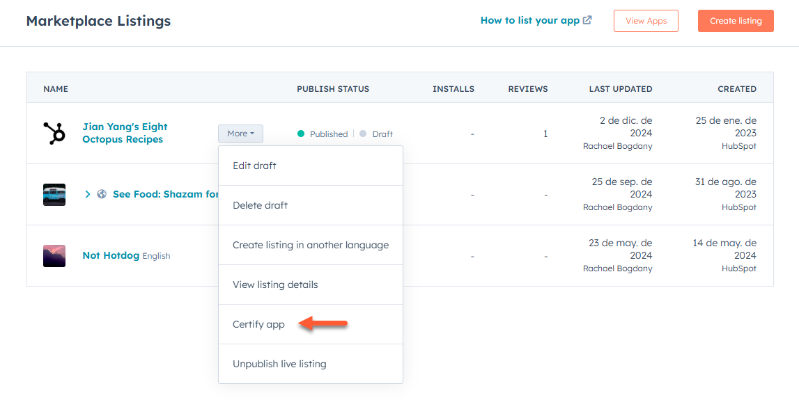 Certificación de la aplicación