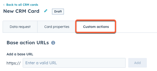 Pestaña de acciones personalizadas para una tarjeta del CRM de una aplicación privada
