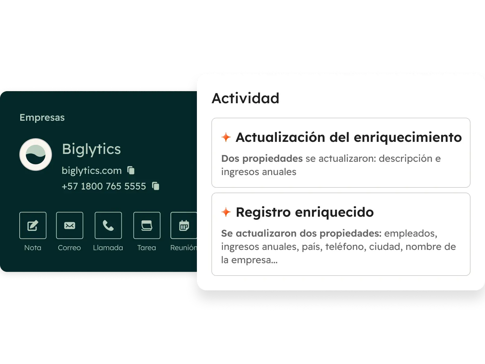 Detalles del enriquecimiento que muestran cuántas propiedades se pueden enriquecer, la propiedad, el valor actual y la fuente. Muestra la cantidad de créditos disponibles.