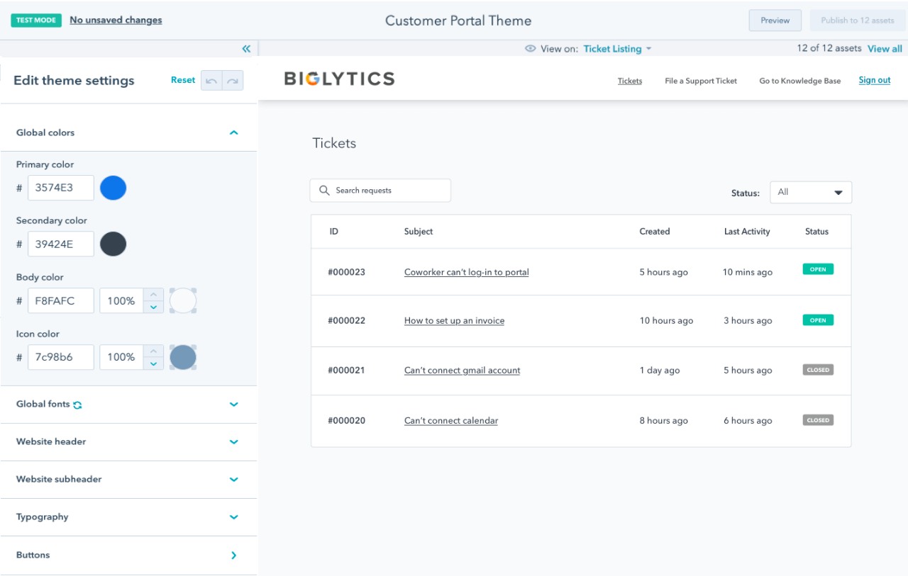 Imagen del editor de temas del portal del cliente