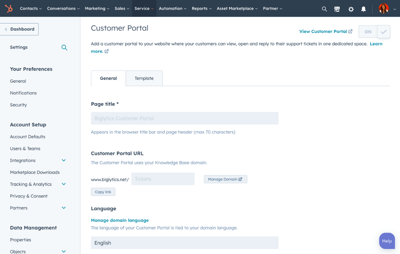 Imagen de la configuración general del portal del cliente